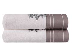 Set de 2 serviettes essuie-main grand liteau broderie arbre Apparatum 50x90cm 100% Micro Coton Blanc Beige