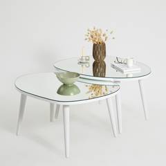 Lote de 2 mesas de centro trípode ovaladas Casina Madera blanca y cristal con espejo