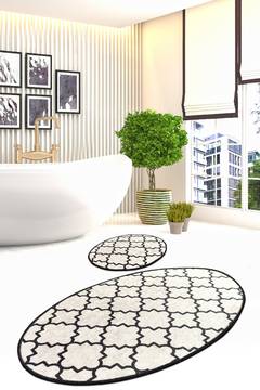 Set de 2 tapis de salle de bain ovales Artem quatre-feuilles Micro Velours Blanc et Noir