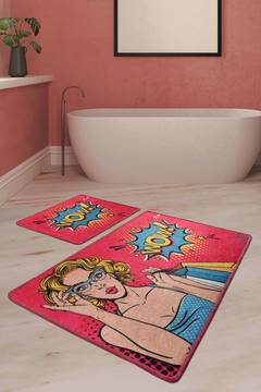 Set de 2 tapis de salle de bain rectangles Artem pop-art BD femme à lunettes WOW Acrylique Multicolore