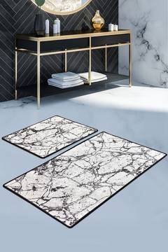 Set de 2 tapis de salle de bain rectangles Artem craquelures marbre Velours Noir et Blanc