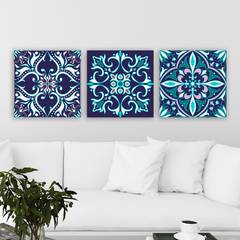 Set de 3 tableaux décoratif Scaenicos Motif Ornemental quatre-feuille arabesques Bleu, Blanc et Vert