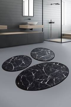 Set de 3 tapis de salle de bain ovales Artem craquelures marbre Velours Blanc sur Noir