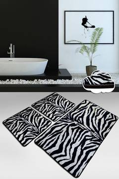 Set de 3 tapis de salle de bain rectangles Artem motif zèbre Velours Noir et Blanc