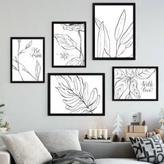 Assotiment 5 cuadros enmarcados minimalista vegetal Aranea Madera Blanco y Negro