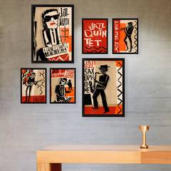 Set mit 6 gerahmten Gemälden in Schwarz Bihan Jazz Quinette Muster Schwarz, Rot und Beige