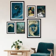 Assotiment 6 cuadros enmarcados espiral abstrusa Madera Aranea Tono de azul Oro