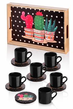 Juego de 6 tazas de café Hira de cerámica negra con platillos y bandeja de madera Diseño de cactus