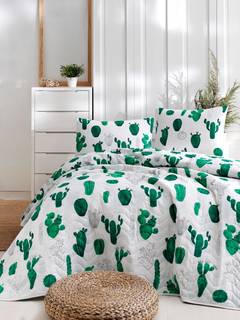 Juego de colcha 220x240cm y 2 fundas de almohada 60x60cm Tela Brillante Estampado Cactus Verde y Blanco