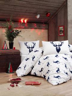 Set dekbedovertrek 220x240cm en 2 kussenslopen 60x60cm Rockie Fabric Deer Pattern Midnight Blue and White
