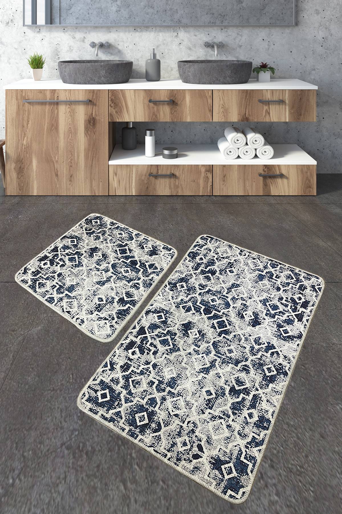 Set de tapis de salle de bain Siadari Motif Arabesque Vieilli Blanc et Noir