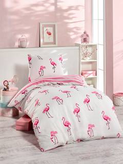 Set Bettbezug einfach mit Flamingo-Druck 2 Stück Noctis Polycotton Rosa Weiß