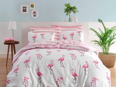 Set Doppelbettbezug mit Flamingo-Druck Noctis Polycotton Weiß Rosa