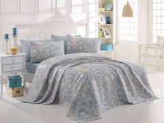 Set jeté de lit simple 3 pièces Stragulum Coton Motif floral calice Bleu et Blanc Blanc créme