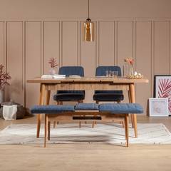 Set table et chaise 4 pièces Extensible Malva Bois Pin et Tissu Bleu foncé