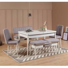 Malva 5-teiliges ausziehbares Tisch- und Stuhlset, weißes Holz und grauer Stoff