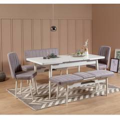Malva 5-teiliges ausziehbares Tisch- und Stuhlset, weißes Holz und grauer Stoff