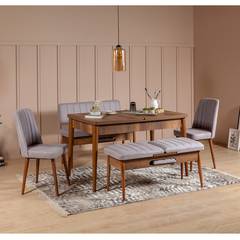Set table et chaise 5 pièces extensible Malva Bois Naturel et Tissu Gris