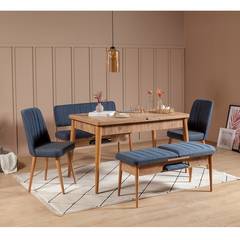 Set table et chaise 5 pièces extensible Malva Bois Pin et Tissu Bleu foncé