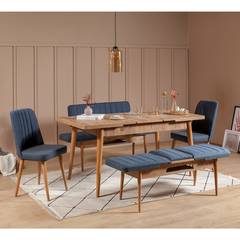 Set table et chaise 5 pièces extensible Malva Bois Pin et Tissu Bleu foncé
