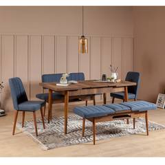 Set table et chaise 5 pièces Extensible Malva Panneau Bois Chaudron et Bleu Minéral
