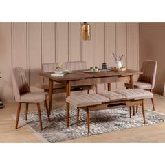 Conjunto de mesa extensible, 2 sillas, banco y banqueta Malva Madera clara y tela verde