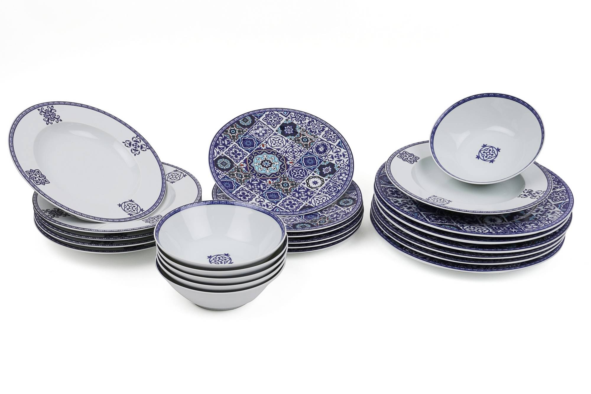 Set vaisselle service dîner 24 pièces Marckel 100% Céramique Motif Faïence arabesque Bleu et Blanc