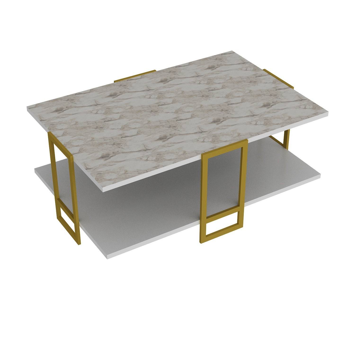 Table basse 2 étages Ubac 91,5x61,5cm Métal Or et Bois Blanc effet marbre