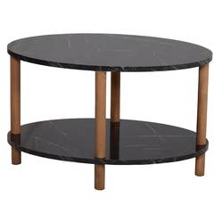 Table basse ovale Kregi L70xP43cm Bois clair et Effet marbre Noir