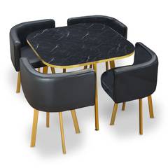 Conjunto de mesa y 4 sillas Oslo efecto mármol negro con PU negro y con patas doradas