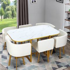 Conjunto de mesa y 6 sillas Oslo XL efecto mármol blanco con PU blanco y con patas doradas