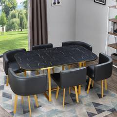 Conjunto de mesa y 6 sillas Oslo XL efecto mármol negro con PU negro y con patas doradas