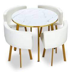 Mesa redonda con 4 sillas efecto marmol blanco con PU blanco patas doradas