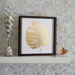 Yasuo Dekoratives Bild, gerahmt, 34 x 34 cm, massives Kiefernholz, natürliches Philodendron-Blattmuster, Gold