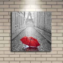Lucendi LED leuchtendes Dekorationsbild L40xH40cm Pariser Straßenmotiv und roter Regenschirm