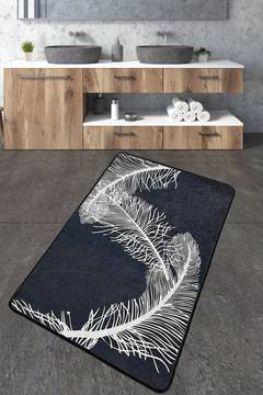 Lukacova alfombra de baño 70x120cm Patrón de plumas Blanco y Negro