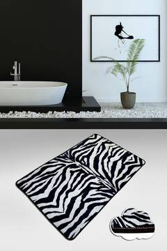 Tapis de salle de bain rectangle Artem motif zébré 70x120cm Velours Noir et Blanc