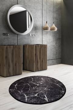 Tapis de salle de bain rond Artem Ø140cm craquelures marbre Tissu Velours Blanc sur Noir