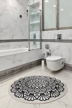 Tapis de salle de bain rond Artem Ø140cm grande rosace Tissu Velours Noir et Blanc