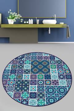 Tapis de salle de bain rond Artem patchwork mosaïque Ø80cm Coton Nuances de bleus