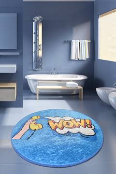 Tapis de salle de bain rond Artem pop-art WOW Ø100cm Coton Velours Bleu et Jaune