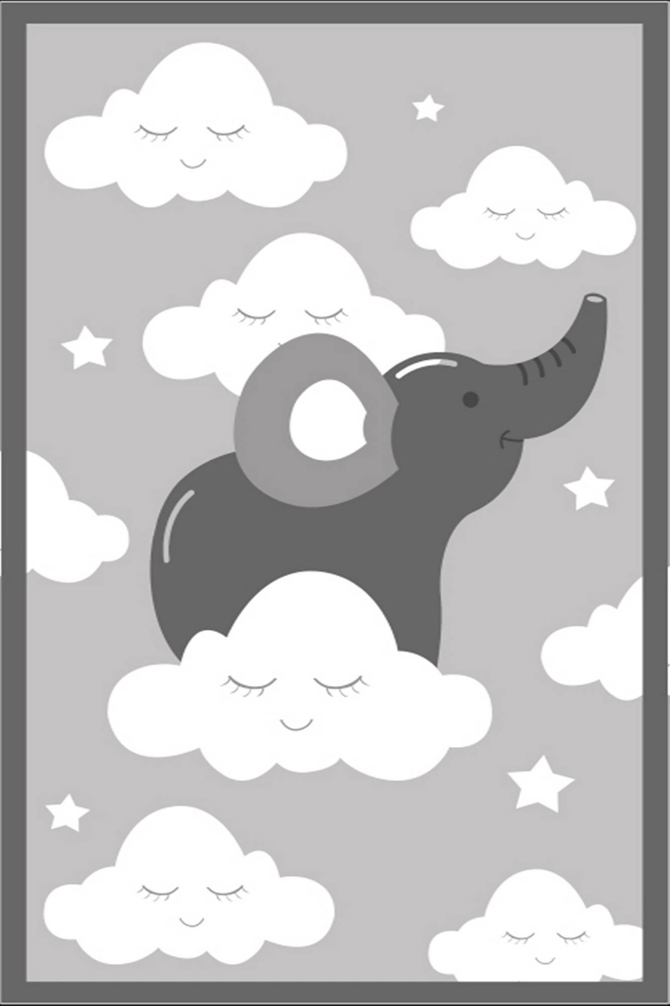Tapis Dumbo 120x150cm Velours Motif Éléphant sur nuage Gris et Blanc