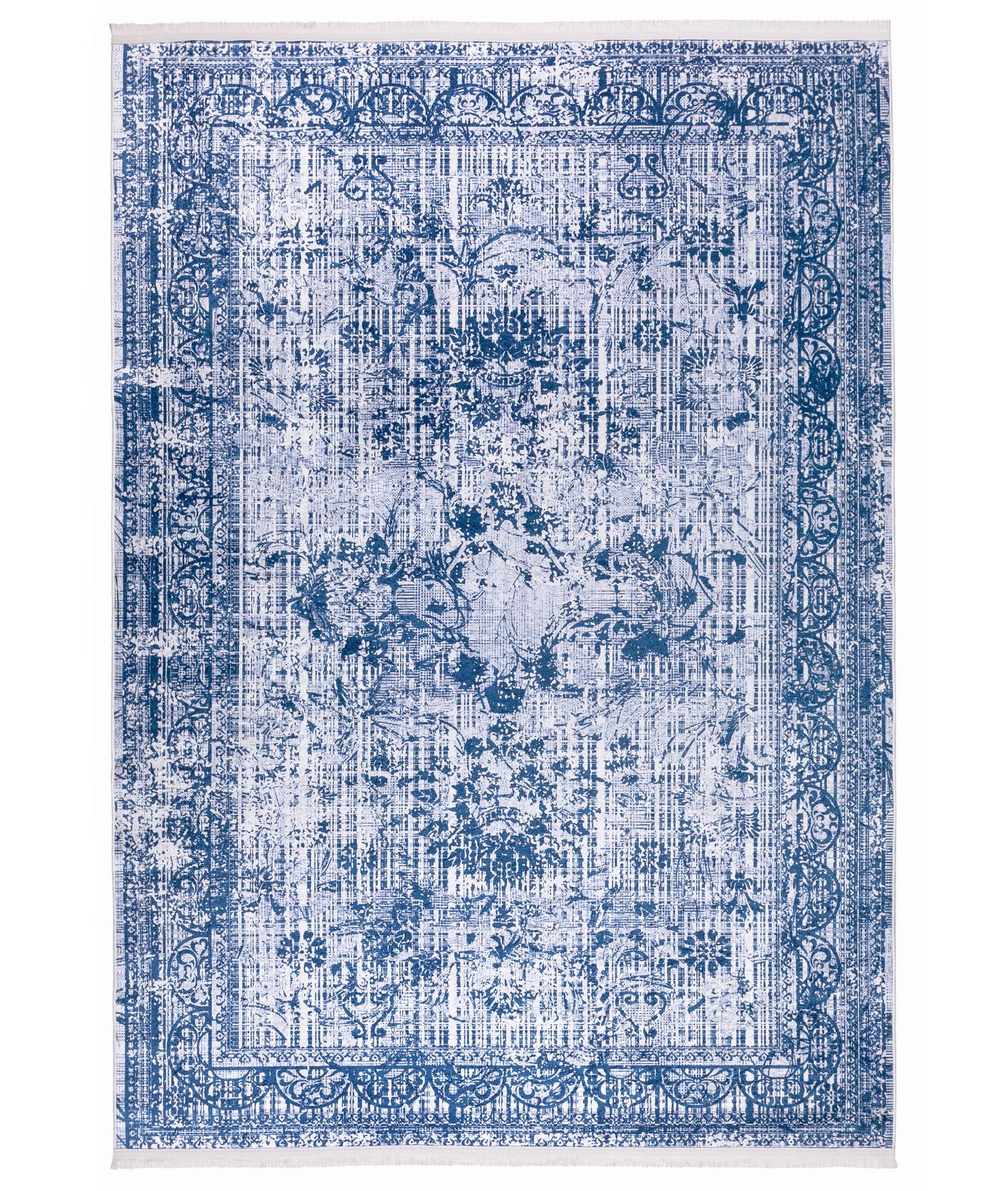 Tapis Tima 180x290cm 100% Velours Motif Floral Bleu et Blanc
