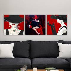 Triptyque Khan 30x30cm Motif Femme fatale Rouge, Noir et Blanc