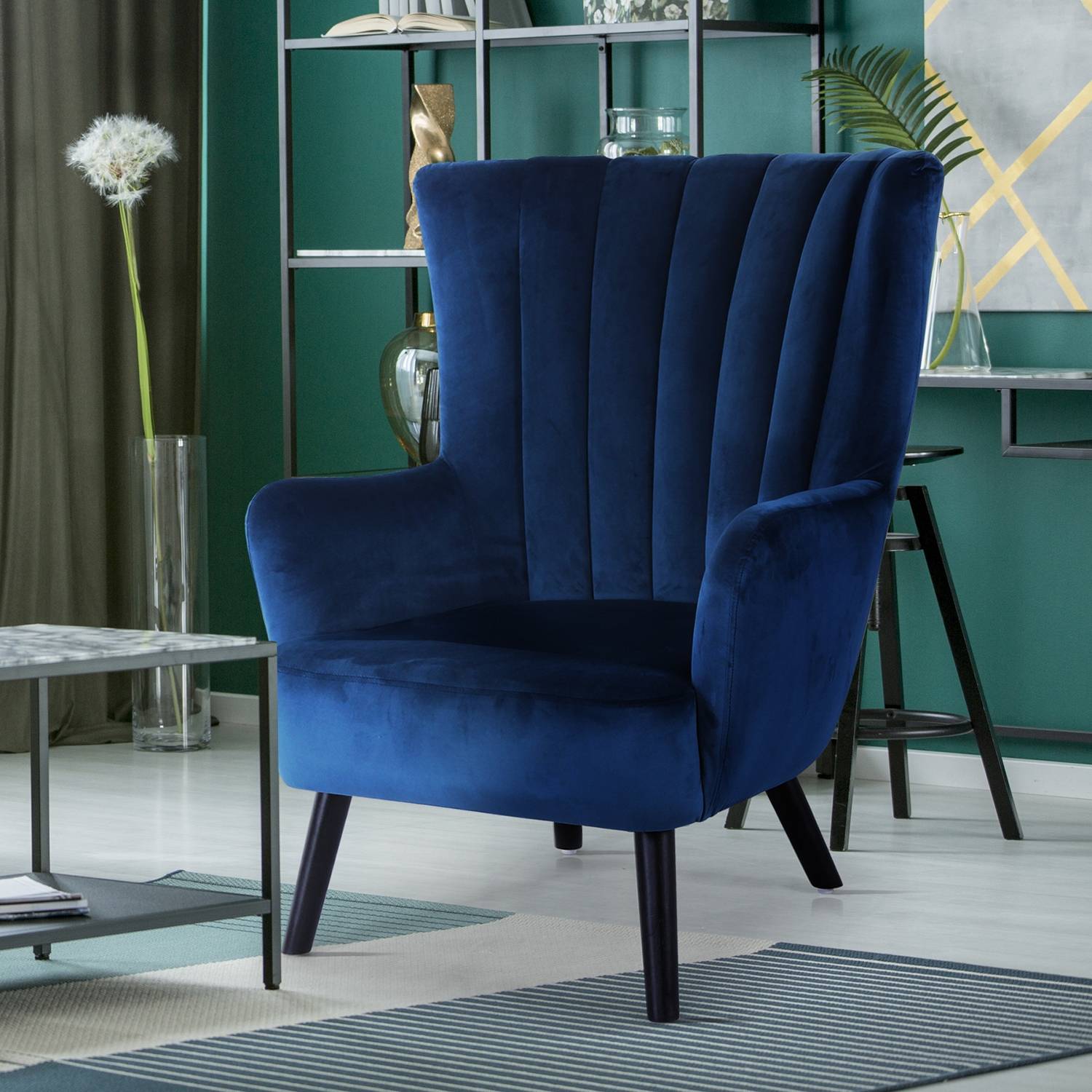 Oprichter zwaan Array Scandinavische Vidal fauteuil in blauw fluweel